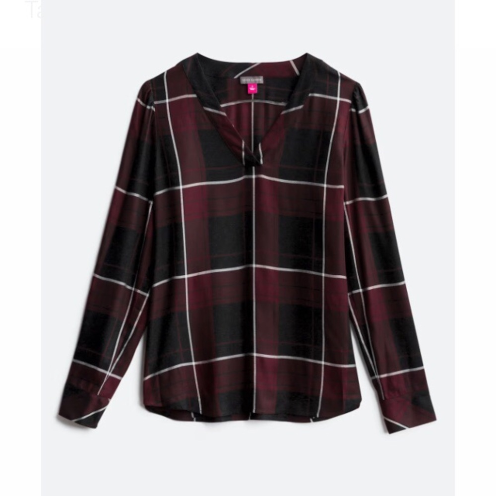 Vince Camuto Burgundy, Black & White Plaid Blouse Long Sleeved V-Neck Medium